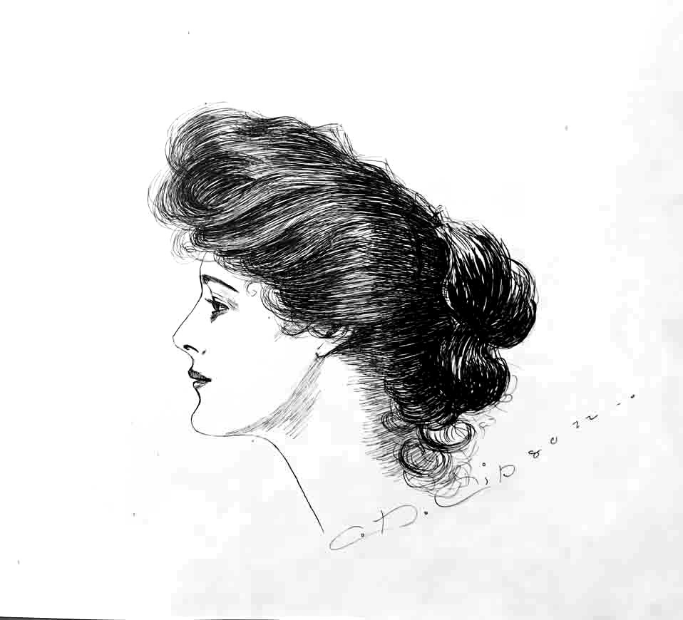 New York Pen & Ink Drawing CHARLES DANA GIBSON ‚Girl in Profile‘, 8″ x 9″