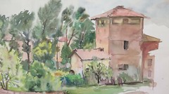 67X47 Cm Painting Vintage Watercolor Landscape View Of The Village P32