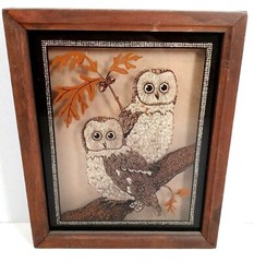 Vintage Reverse Painted Glass Art Owl Tree Branch Framed Wall Decor MCM LuLus