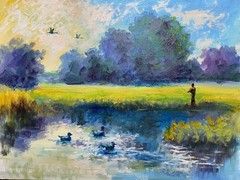 SUNLIT POND WITH FISHERMAN – Original Oil Painting 12×16 Canvas Panel by Andrew