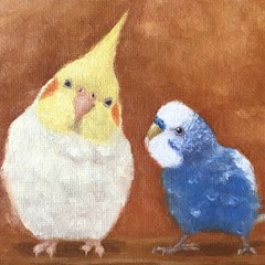 KaoruArtGallery, Budgie, Cockatiel, Original Oil Painting 4×5 in, Stand Set