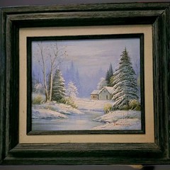 Vintage Winter Landscape Oil Painting Signed Jamison Snow Cabin Framed 18×18 ’75