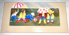 Virginia Knight 23 3/4″ x 11 3/4″ Wood Framed Painting of 5 Children Playing