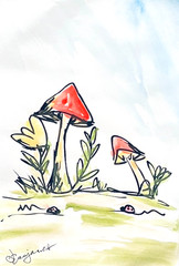 Guajardo Original Art: Fantasy Mushrooms 9X6 Paper Signed Home Decor Art