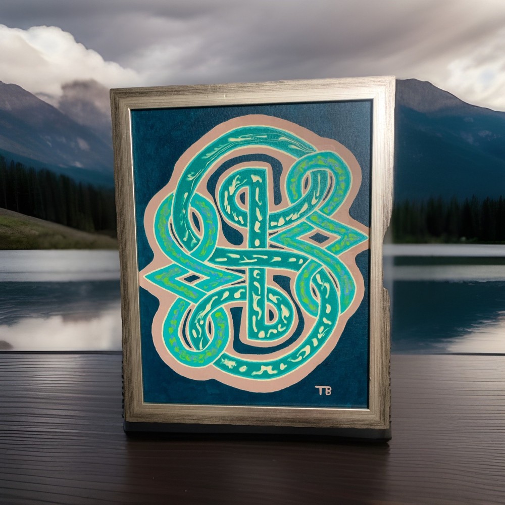 Celtic Knot Acrylic Painting Studio Art Moody Blue tan Greens Well-framed 20×16″