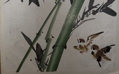 Chinese ink brush painting depicting bamboo and birds, 15×15”