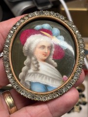 Antique hand painted Porcelain CAMEO AMW 24k gold plated JEWELED FRAME Red Hat