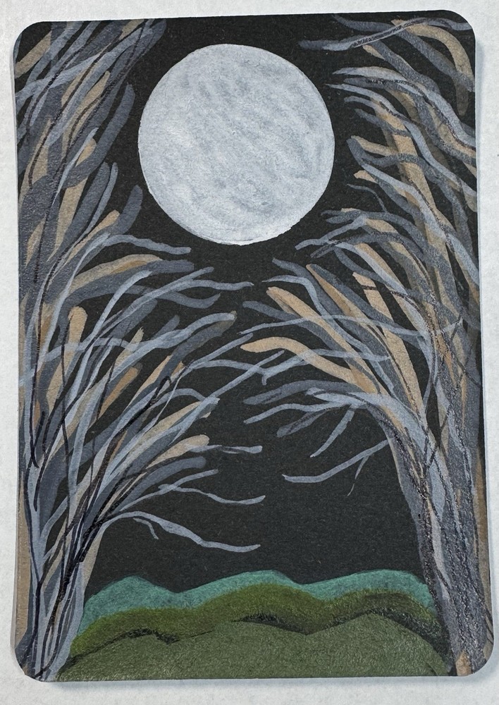 ACEO Original Hand Painted Acrylic Landscape With Full Moon 2.5 X 3.5