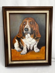 Vintage – BASSET HOUND DOG Oil Painting – 20.5″ x 16.5″ frame Signed G. Bloedorn