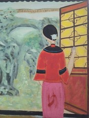 Signed Chun Guang Original Oil Painting Chinese Woman Window Garden Scene 12×12