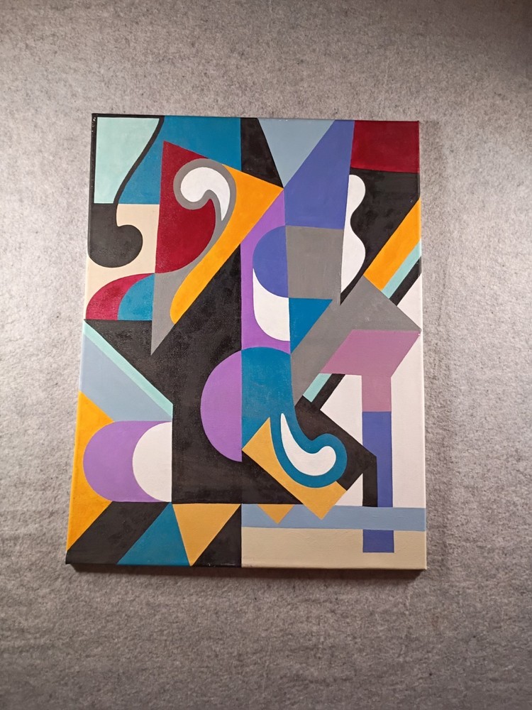 Original Vintage Modern Geometric 80s 90s Acrylic Painting on Canvas 18×24″