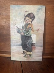 Oil Painting Dutch Girl With Sailboat On Stretcher 7 1/2 X 12 1/2” Colorful Pty