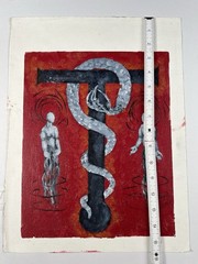 1990s Acrylic On Canvas Outsider Painting Snake Around Cross With Figures 16×12”