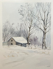 Original Watercolor Painting Landscape Nature Winter Snow Old Barn – 7×9 in