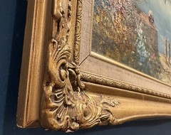 Vintage Mid 20th Century Italian Harbor Scene Gold Framed Oil on Canvas Signed
