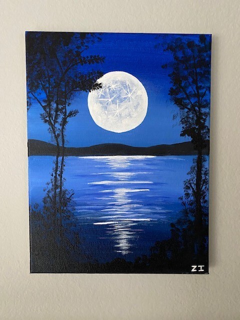 Blue Acrylic Painting Moon River Trees 12x 9 Ltd. Series Admiration of the Moon