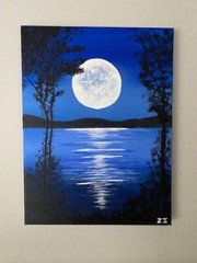 Blue Acrylic Painting Moon River Trees 12x 9 Ltd. Series Admiration of the Moon