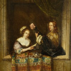 18th Century Dutch oil on canvas love couple reading playing lute 47×36 cm