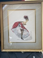 Janicotte FRENCH CAN-CAN DANCER Watercolor Painting Framed