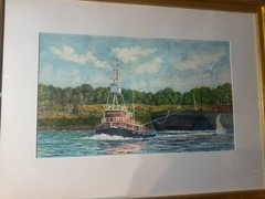 Large John Hutchinson (b1934) „Tug Boat Scene“ Watercolor Painting-Signed/Framed