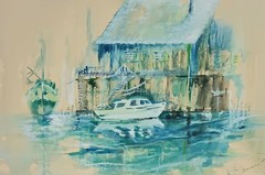 Vintage Nautical Coastal Painting Boats Harbor Betty Flanagan Porter Blue Green