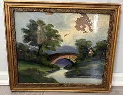 Antique 19thC Verre Eglomise Reverse Glass Painting Landscape Gilt Frame 23×19