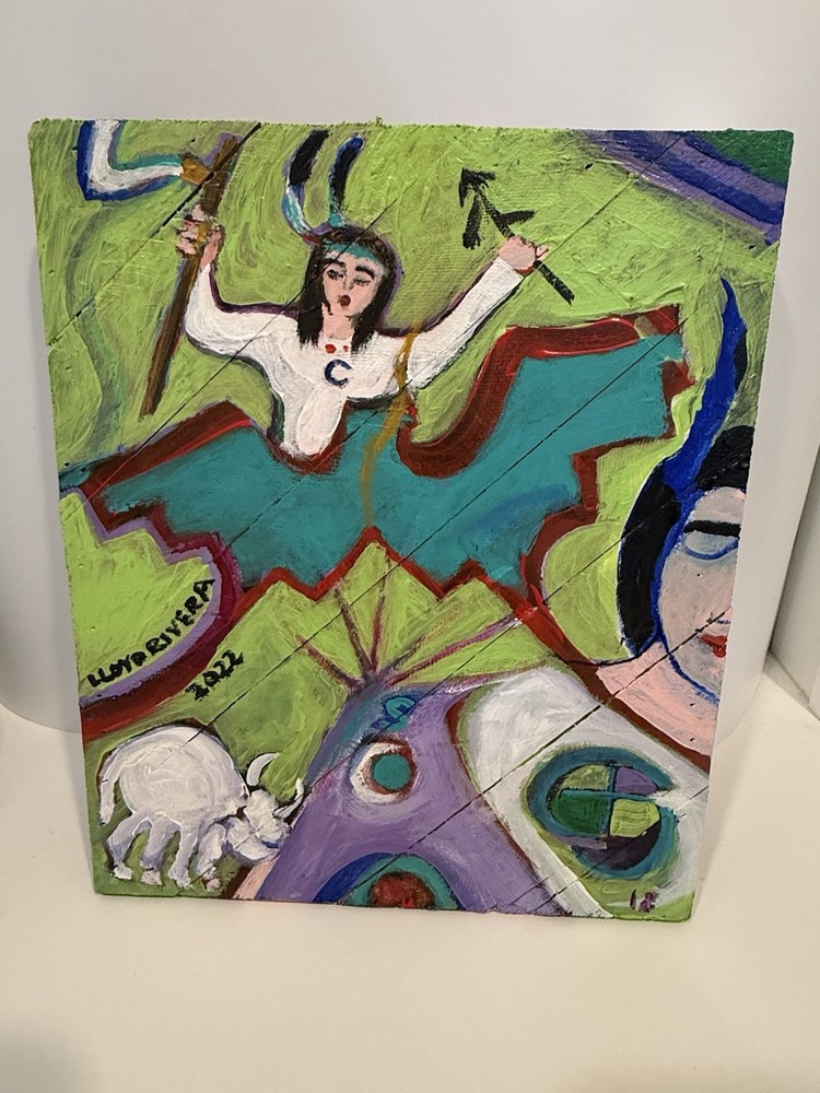 Taos NM Artist Lloyd Rivera Original Painting Wood “White Buffalo Calf Woman”