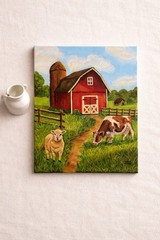Red Barn Farm Painting Cow Sheep Country Landscape Art 16×20