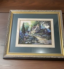 Vintage cottage garden Oil Painted signed Sandra Bergeron 1991 33-1/2 L x 38”W