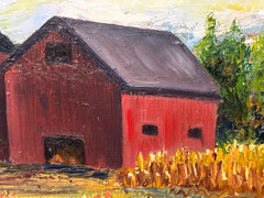 Original 1964 Oil Painting Signed Carpentier Red Barn Landscape Framed Oil Board