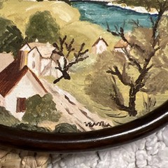 Vintage Small Painting Oval Miniature Landscape Coastal Country Town 6” x 4.5”