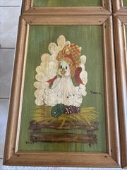 Set Of 4 Vintage Handpainted Chicken Hen Wood Framed Paintings 15 X 10”