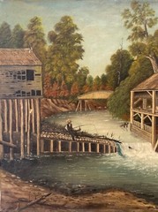 🔥 Antique Old American Southern Folk Art River Landscape Oil Painting, 1860s
