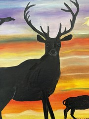 Original oil painting 11 x 14 inches buck deer in silhouette at sunset