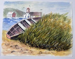 Vtg Fishing Boat Stuck In Grass Watercolor Painting 11×14” Rowboat By Lighthouse