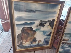 2 Vintage Framed Paintings Beach Ocean Art Decor Collect Landscape Coast Water