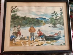 1940’s Adirondack Fish Camp Painting 11”x14” Frame Signed Skye