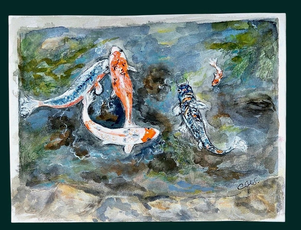 Amature Art Orignal Watercolor Painting Koi Fish Pond „Friends On A Spring Day“