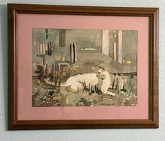 VTG Painting J Wood Hallmark Watercolor Abstract Cat 17×21 Signed Matted Framed