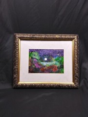 Framed Painting By Artist Neena Jhaveri Of Moon Water Scene 12″W/10.25″H Signed