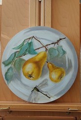 Oil still life painting on round canvas size 12 inches Pears and dragonfly