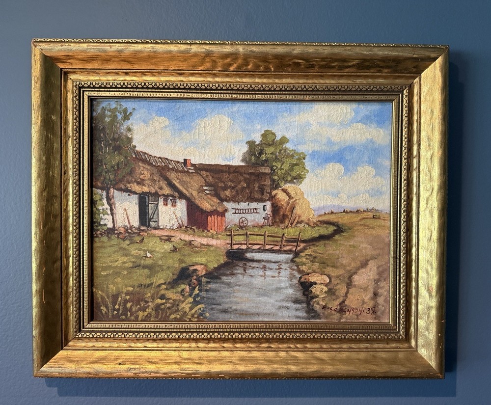 Antique Swedish Skane Farmhouse Oil Painting Signed Sorenson 17.5”x 21.5”