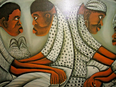 African Acrylic Painting On Canvas Signed Merla Men Women Staring Modernist