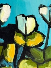 White Floral Still Life Painting Modern Botanical Blue Vase Original Art R Steve