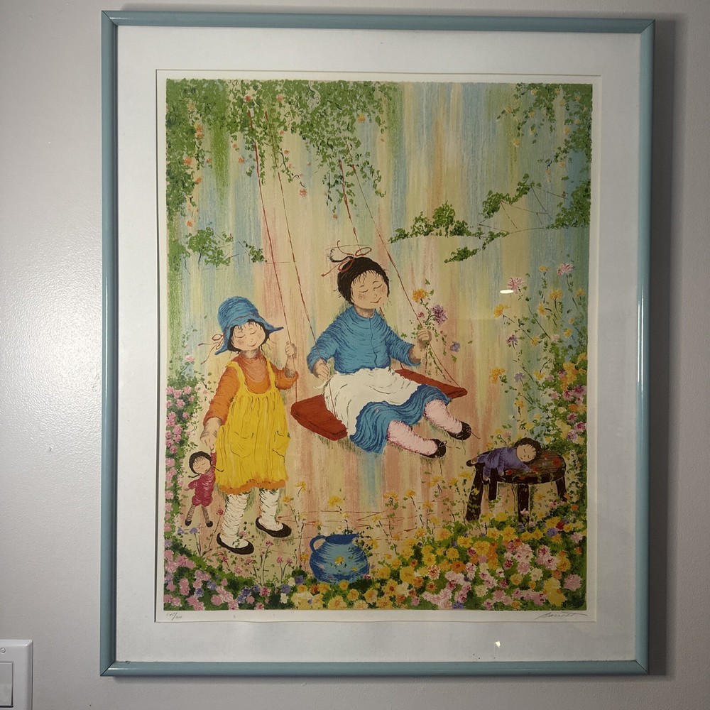 Mildred Barrett Swing Set Children & Flowers 30×25 Framed Picture Signed 185/300