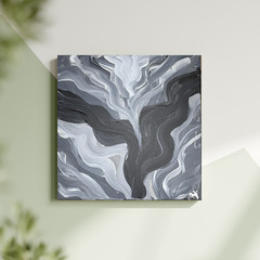 Monochromatic Organic Abstraction 12×12 Black & White Hand Painted Canvas