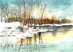 Sunset On A Snowy Lake, Snow Art, Sunset Art, Sunset Wall Decor, Winter Trees