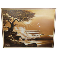 MCM Seascape Painting Monochromatic Sepia Signed Collins Tonalism Framed 41 x 31