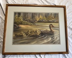 Vintage Watercolor Duck And Duckling First Swim Signed Kale – Mary Kale Framed