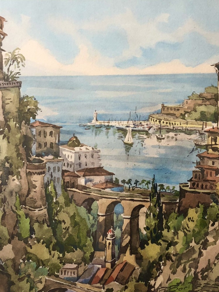 VINTAGE Watercolor Painting Mediterranean Mountain Seaside Village Signed Framed